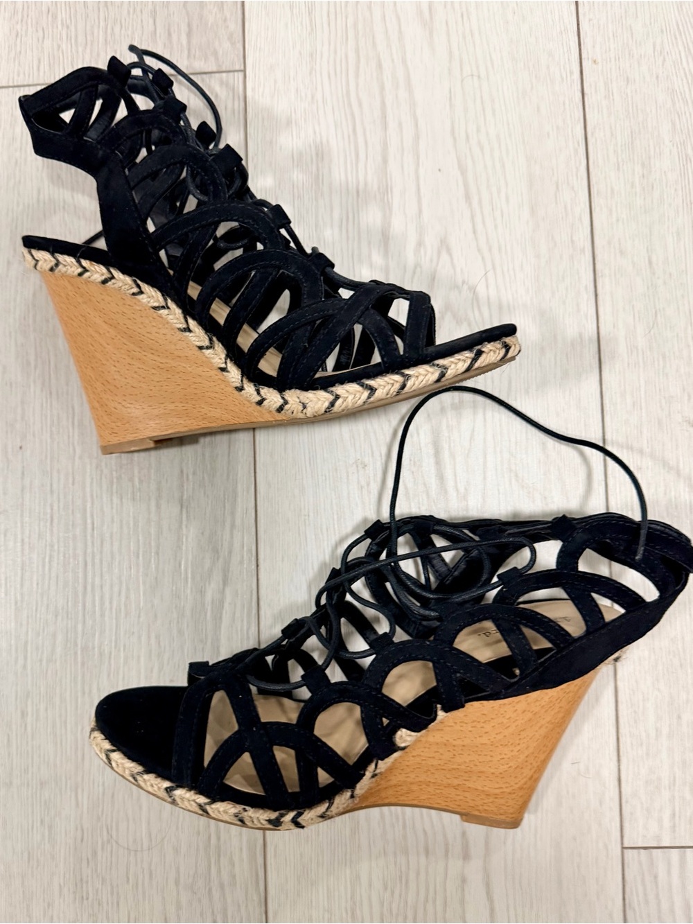Indigo Black Lace-Up Wedge Sandals with Espadrille Trim